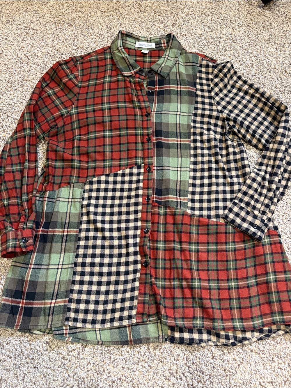 Coldwater Creek Patchwork Plaid Button-Front Shirt - Red, Green, Black, Cream